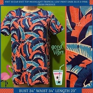 NWT XS $49 KNIT TOP MOONLIGHT TROPICAL LEAF PRINT DARK BLUE & PINK-FRESH PRODUCE